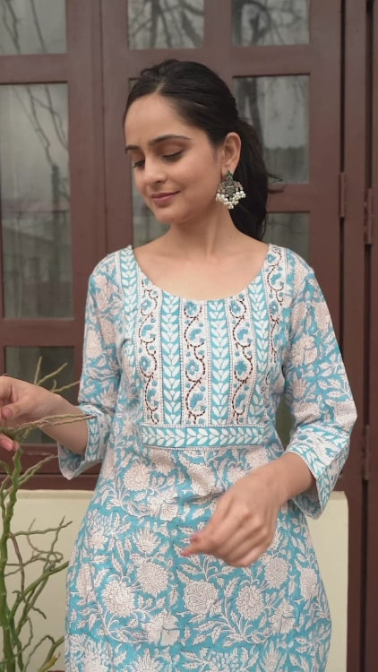 Blue Kantha Hand Block Bagru Floral Printed Kurta